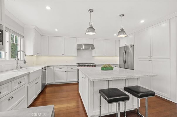 Interior, Kitchen, Pendant Lights, Recessed Lighting, Stainless Steel Appliances, Wood Texture Flooring