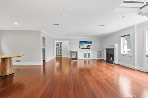 Empty room, Fireplace, Interior, Recessed Lighting, Wood Texture Flooring