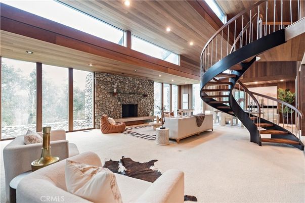 Fireplace, Interior, Living room, Recessed Lighting, Stone Walls, Wooden Ceilings