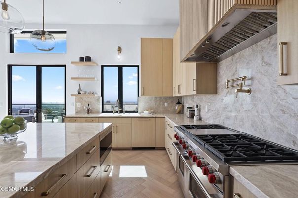 Interior, Kitchen, Pendant Lights, Stainless Steel Appliances, Water, Wood Texture Flooring