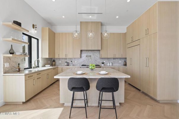 Interior, Kitchen, Pendant Lights, Recessed Lighting, Wood Texture Flooring