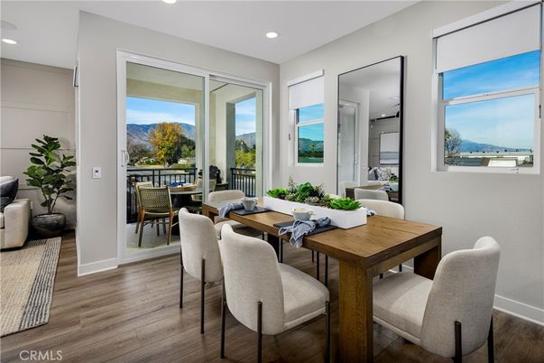 Dining room, Interior, Living room, Recessed Lighting, Wood Texture Flooring