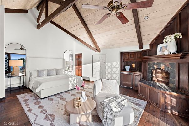 Bedroom, Fireplace, Interior, Living room, Wooden Beams, Wooden Ceilings, Wood Texture Flooring