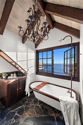 Bathroom, Chandelier, Free Standing Baths, Interior, Water, Wooden Beams, Wooden Ceilings