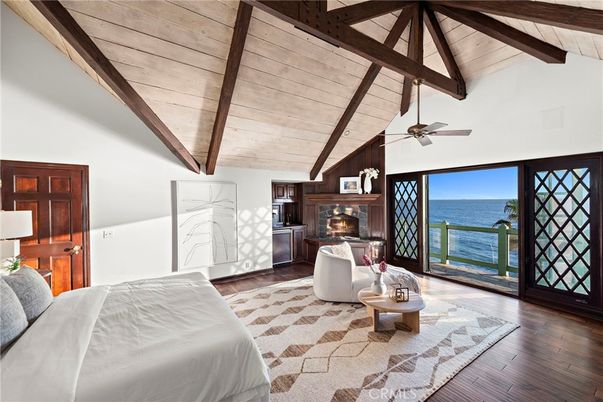 Bedroom, Fireplace, Interior, Water, Wooden Beams, Wooden Ceilings, Wood Texture Flooring, Wooden Walls