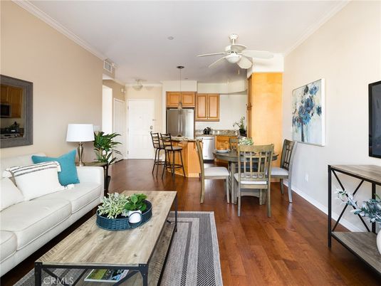 Dining room, Interior, Kitchen, Living room, Pendant Lights, Stainless Steel Appliances, Wood Texture Flooring