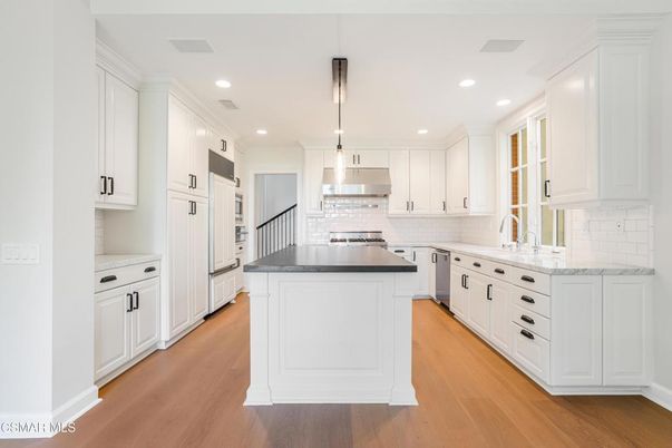 Interior, Kitchen, Pendant Lights, Recessed Lighting, Stainless Steel Appliances, Wood Texture Flooring
