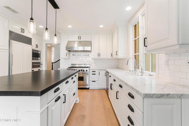 Interior, Kitchen, Pendant Lights, Recessed Lighting, Stainless Steel Appliances, Wood Texture Flooring
