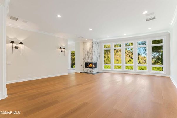 Empty room, Fireplace, Interior, Recessed Lighting, Wood Texture Flooring