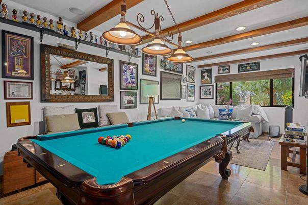 Billiard Table, Game Room, Interior, Pendant Lights, Recessed Lighting, Wooden Beams