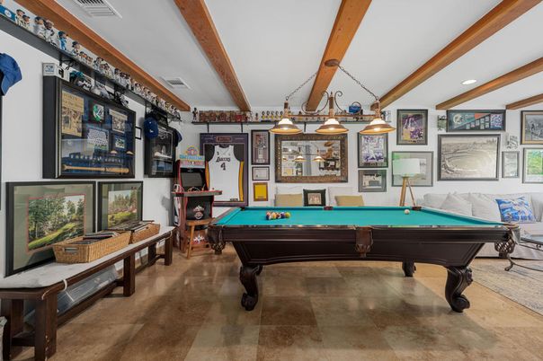 Billiard Table, Game Room, Interior, Pendant Lights, Recessed Lighting, Wooden Beams