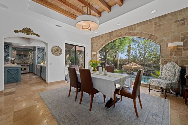 Dining room, Interior, Kitchen, Pendant Lights, Recessed Lighting, Stone Walls, Wooden Beams, Wooden Ceilings