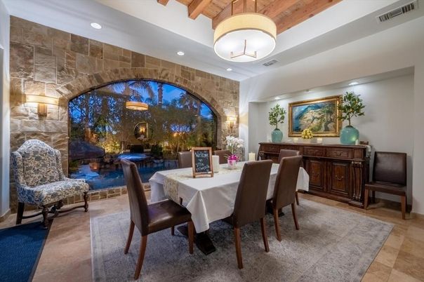 Dining room, Interior, Recessed Lighting, Stone Walls, Wooden Beams, Wooden Ceilings