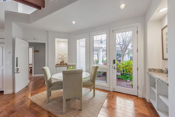 Dining room, Interior, Recessed Lighting, Wood Texture Flooring