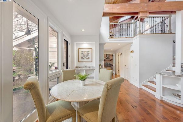 Dining room, Interior, Recessed Lighting, Wooden Beams, Wood Texture Flooring