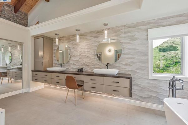 Bathroom, Dual Sink Vanities, Free Standing Baths, Interior, Pendant Lights, Stone Walls, Wooden Beams, Wooden Ceilings