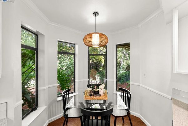 Dining room, Interior, Pendant Lights, Wood Texture Flooring