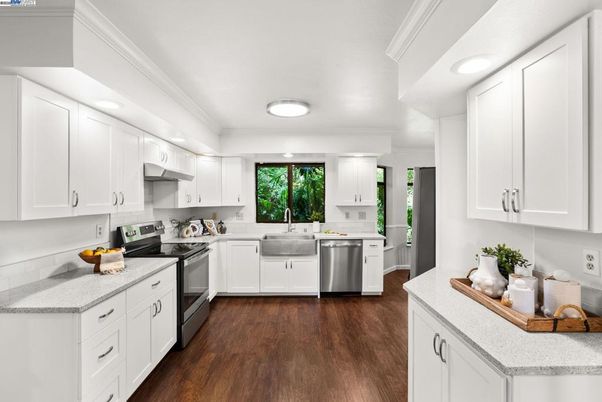 Interior, Kitchen, Recessed Lighting, Stainless Steel Appliances, Wood Texture Flooring