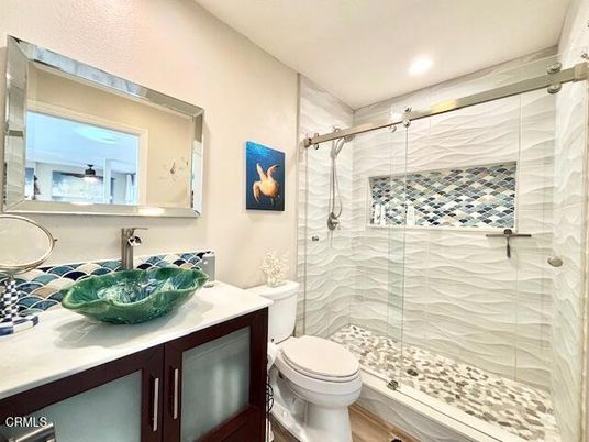 Bathroom, Glass Shower, Interior, Recessed Lighting, Wood Texture Flooring