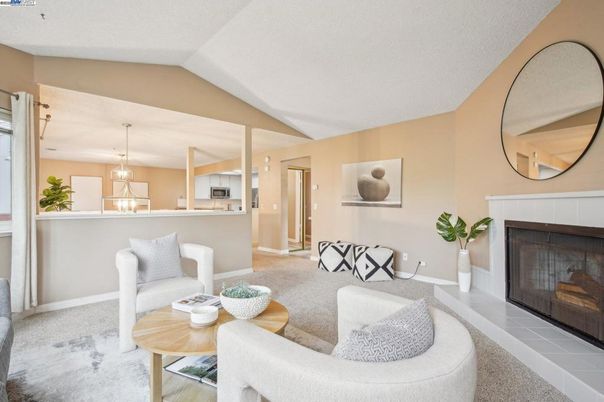 Fireplace, Interior, Kitchen, Living room, Pendant Lights