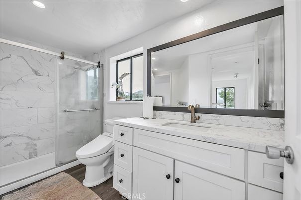 Bathroom, Glass Shower, Interior, Marble Walls, Recessed Lighting, Wood Texture Flooring