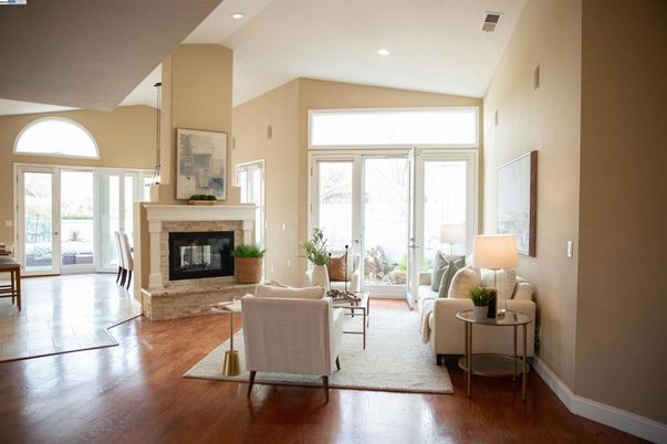 Fireplace, Interior, Living room, Recessed Lighting, Wood Texture Flooring