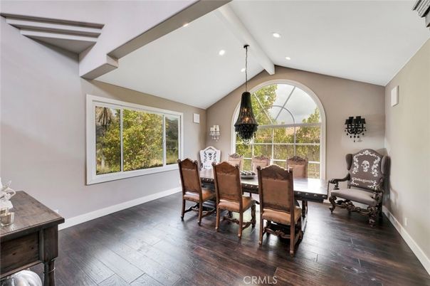 Dining room, Interior, Pendant Lights, Recessed Lighting, Wood Texture Flooring