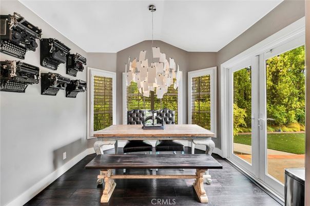 Dining room, Interior, Pendant Lights, Wood Texture Flooring