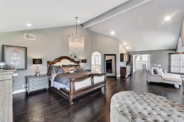 Bedroom, Chandelier, Interior, Recessed Lighting, Wood Texture Flooring
