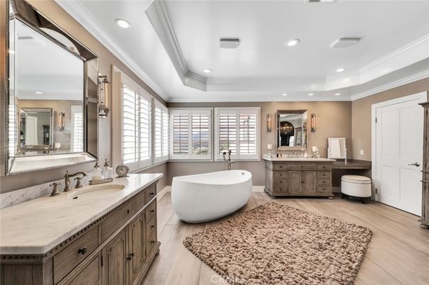 Bathroom, Dual Sink Vanities, Free Standing Baths, Interior, Recessed Lighting, Wood Texture Flooring