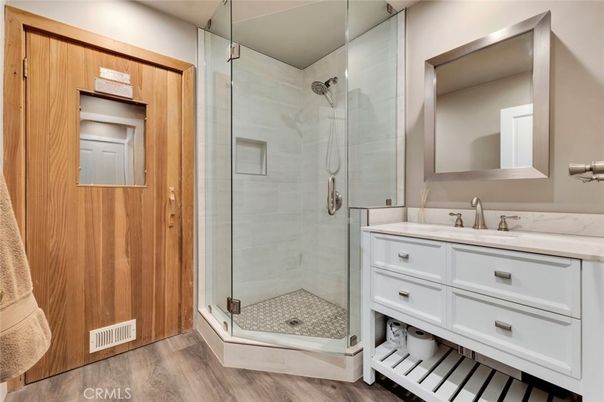 Bathroom, Glass Shower, Interior, Wood Texture Flooring