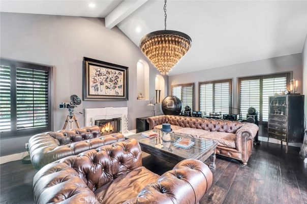 Chandelier, Fireplace, Interior, Living room, Recessed Lighting, Wood Texture Flooring