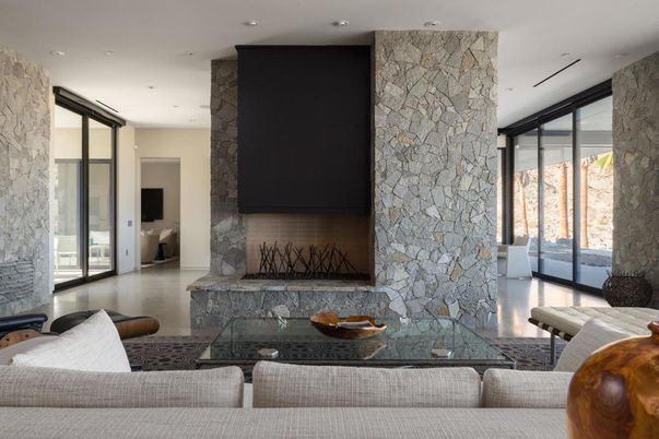 Fireplace, Interior, Recessed Lighting, Stone Walls