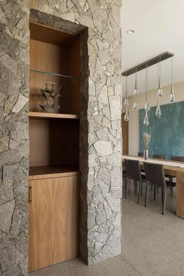 Dining room, Interior, Pendant Lights, Recessed Lighting, Stone Walls