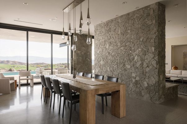 Dining room, Interior, Pendant Lights, Recessed Lighting, Stone Walls