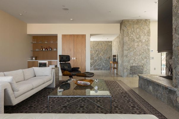 Fireplace, Interior, Living room, Recessed Lighting, Stone Walls