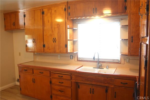 Interior, Kitchen, Tile Countertops, Wood Texture Flooring