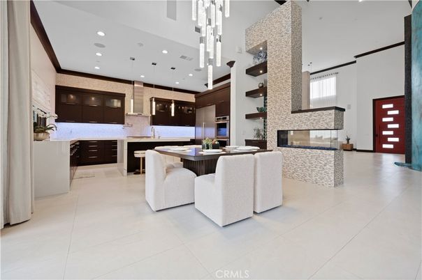 Dining room, Fireplace, Interior, Kitchen, Pendant Lights, Recessed Lighting, Stainless Steel Appliances