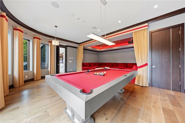 Billiard Table, Game Room, Interior, Pendant Lights, Recessed Lighting, Wood Texture Flooring