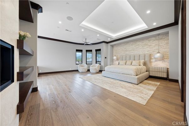 Bedroom, Interior, Pendant Lights, Recessed Lighting, Stone Walls, Wood Texture Flooring