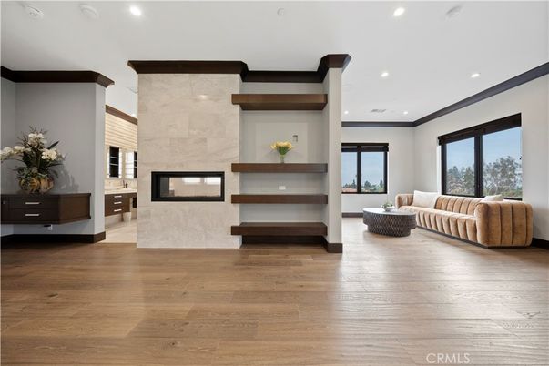 Fireplace, Interior, Living room, Recessed Lighting, Wood Texture Flooring