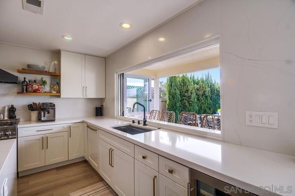 Interior, Kitchen, Marble Walls, Recessed Lighting, Wood Texture Flooring