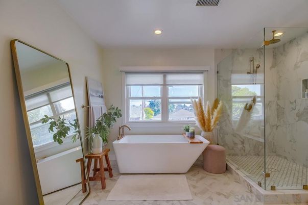 Bathroom, Free Standing Baths, Glass Shower, Interior, Marble, Marble Walls, Recessed Lighting