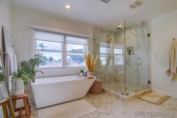 Bathroom, Free Standing Baths, Glass Shower, Interior, Marble, Marble Walls, Recessed Lighting