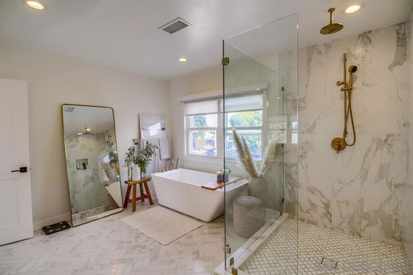 Bathroom, Free Standing Baths, Glass Shower, Interior, Marble, Marble Walls, Recessed Lighting