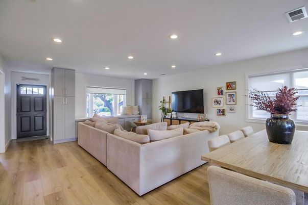 Dining room, Interior, Living room, Recessed Lighting, Wood Texture Flooring