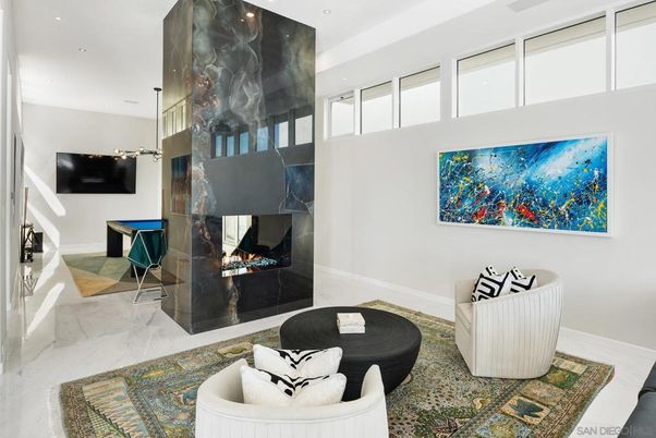 Fireplace, Interior, Living room, Marble, Pendant Lights, Recessed Lighting