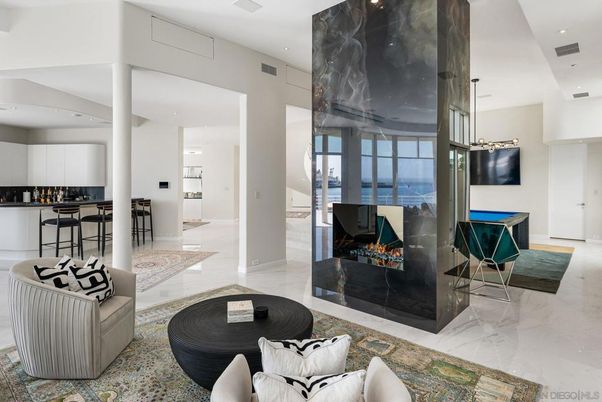 Fireplace, Interior, Kitchen, Living room, Marble, Pendant Lights, Recessed Lighting