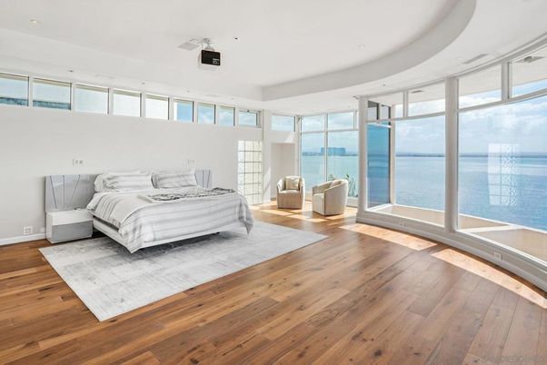 Bedroom, Interior, Recessed Lighting, Water, Wood Texture Flooring