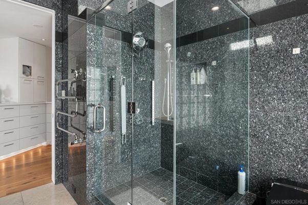 Bathroom, Glass Shower, Interior, Recessed Lighting, Wood Texture Flooring